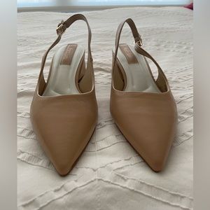 Franco Sarto Slingback Low Block Heel Pointed Toe Pump - Beige Nude Leather - 8W